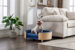 Scandinavian style Elevated Dog Bed Pet Sofa With Solid Wood legs and Bent Wood Back, Velvet Cushion,Mid Size,Dark Blue