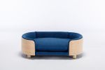 Scandinavian style Elevated Dog Bed Pet Sofa With Solid Wood legs and Bent Wood Back, Velvet Cushion,Mid Size,Dark Blue